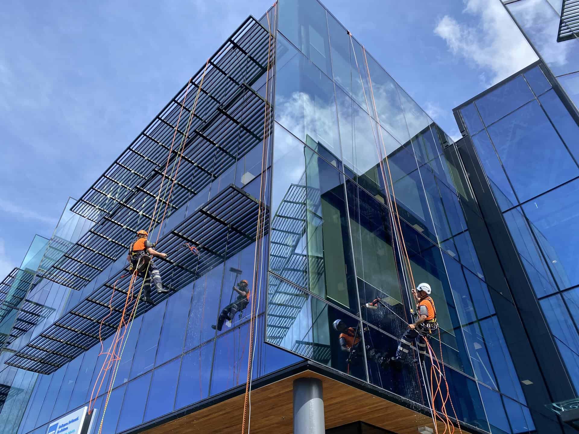 Team of workers cleaning the exterior of a tall building